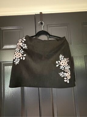 Embroidered Black Mini Skirt with Pink Floral Accents